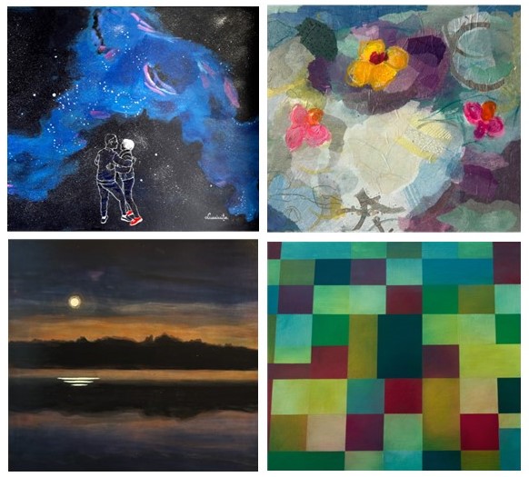 four images that each depict something different: the first is a night sky landscape, the second is pattern of coloured squares, the third shows a couple standing against a dark sky and the last shows abstracted florals