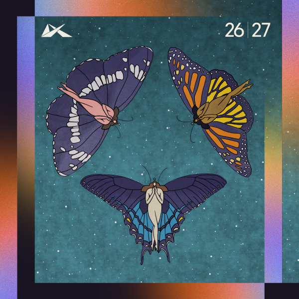 Trois papillon sur un tableu peint