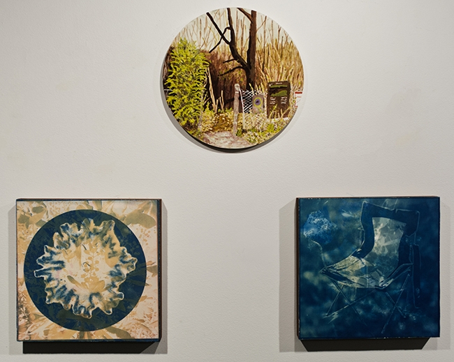 three separate art pieces hung together with a circular watercolour in the top centre of a nature scene; the other two images connect to the watercolour using both print and photo development techniques, including soil chromatography