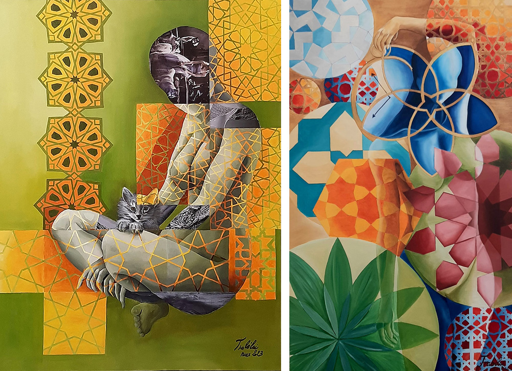 a mixed media contemporary piece with the outline of a female figure overlapped with black and white images on a background composed of various shades of green and a colourful abstract oil painting which has an embedded female figure